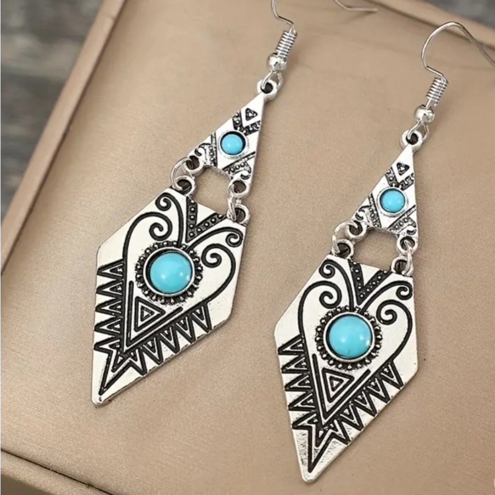 Carved Turquoise Geometric Dangle Earrings Bohemian Retro